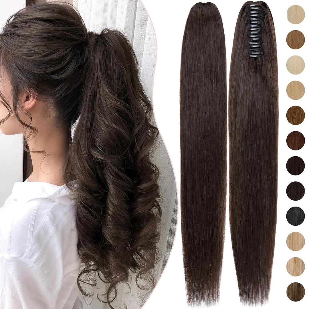 Rich Choices Claw Clip Ponytail Extension Human Hair #2 Dark Brown Real Hair Ponytail Extension Balayage 18 Inch Clip In Long Ponytail Hair Extensions Straight For Women One Piece 115g