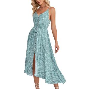 BROVAVE Women's 2026 Summer Casual Boho Sundress Polka Dot Spaghetti Strap V Neck Flowy Midi Dresses (Light Green, M)