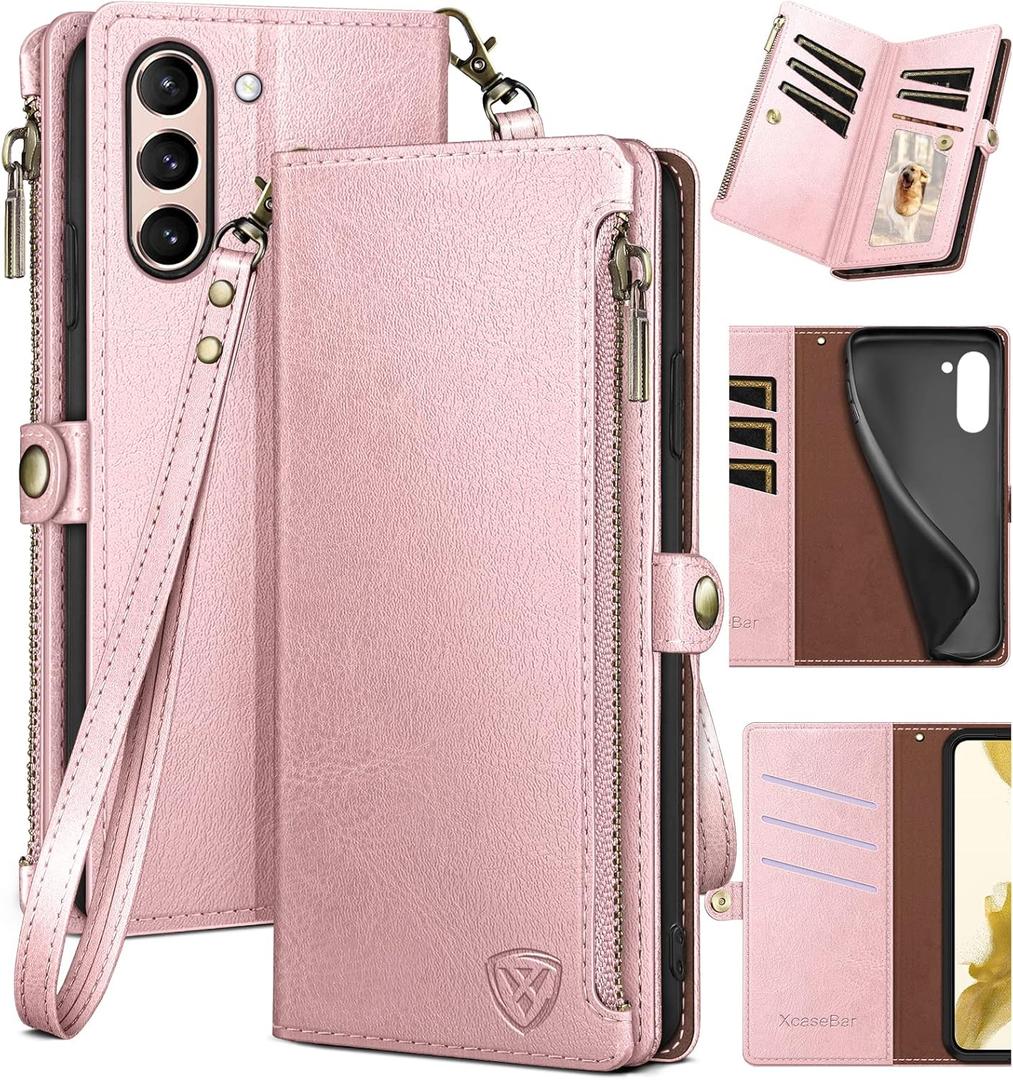 XcaseBar for Samsung Galaxy S21 Wallet case with Zipper Credit Card HolderRFID Blocking, Flip Folio Book PU Leather Phone case Shockproof Cover Women Men for Samsung S21 case Rose Gold