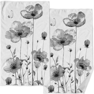 2 Pack Grey Floral Bathroom Hand Towels Decorative Black White Poppy Floral Dish Kitchen Towels 16x27 Inch Gray Butterfly Leaves Absorbent Soft Microfiber Bath Fingertip Towels Hotel Decor