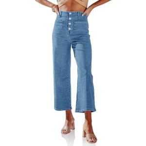 PLNOTME Womens High Waisted Cropped Jeans Trendy Wide Leg Tummy Control Capri Button Fly Denim Pants