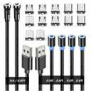 Magnetic Charging Cables, Magnetic Charging Tips 3in1 540 Rotation Cable Sets for Smartphones (0.6ft+6.6ft)/Black/3in1, 6pcs
