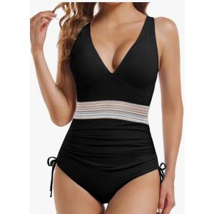 Buauty Women's One Piece Swimsuits Tummy Control Bathing Suits for Womens Color Block Drawstring V Neck Slimming Swimwear XXL