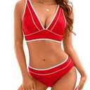 Jolefille Women Two Piece Swimsuit Push Up Bikini Sets Full Coverage Bathing Suit V Neck Color Block Swim Suit 2025, M