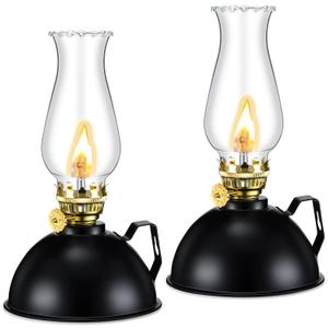 Retisee Oil Lamp Indoor Rustic Kerosene Lamp Lantern Metal Glass for Indoor Vintage Glass Clear Kerosene with Oil Wick for Use Home Decor Lighting (2 Pieces, Black)