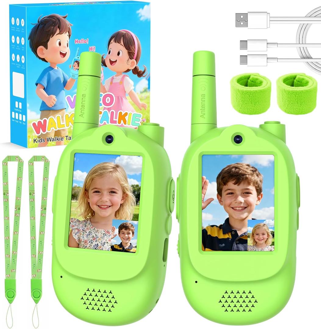 Video Walkie Talkies for Kids, 2 Pack Rechargeable Real-Time Video Chat & Voice Changer Walkies Talkies with Watch Straps, Long Range Family Games, Outside, Gifts for Boys Girls Ages 3-12 Green