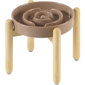 Ceramic 1.2 Cup Raised Slow Feeder Dog Bowl Set, Elevated Wooden Stand for Medium and Small Dog, 7.3inch Puzzle Slow Dish, Preventing Choking(Brown Coffee, Single Bowl+ Stand)