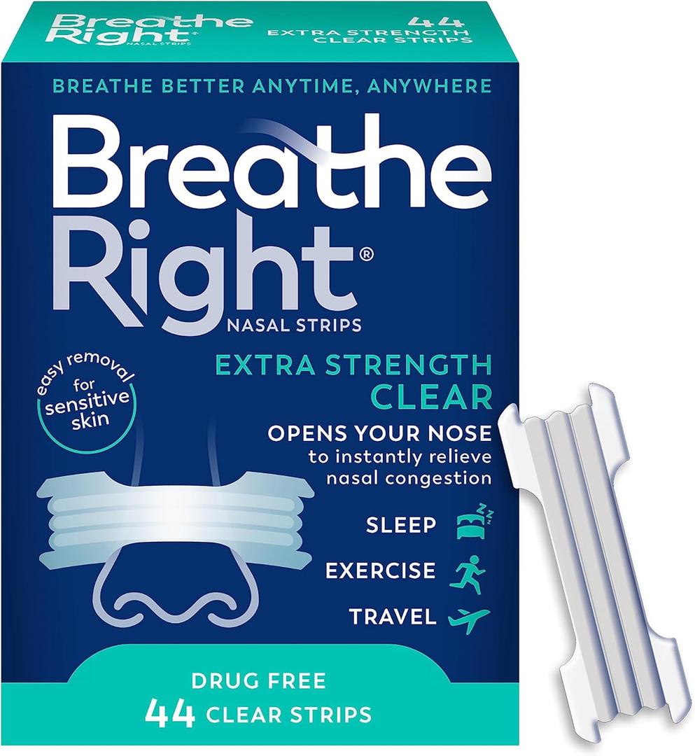 Breathe Right Nasal Strips, Extra Strength Clear Nose Strips, Drug-Free Nasal Congestion Relief for Better Breathing, Help Relieve Snoring, Caused by Colds & Allergies, Deviated Septum, 44ct
