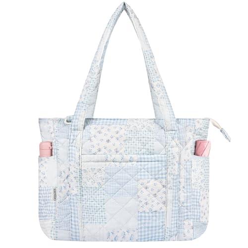 WOBAGMEN Quilted Tote Bag for Women, Lightweight Quilted Tote Bag with Zipper, Large Shoulder Bag with Compartments for Work, Travel, Gym (Blue Green Pin, M)