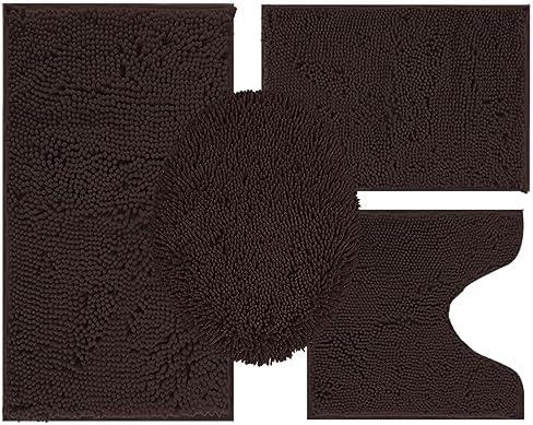 Chenille Bath Rug Set 4 Piece with Toilet Lid Cover and Rug Set Combo, Soft Shaggy Bath Rug Set 3 Piece and U-Shaped Toilet Floor Rug Coffee