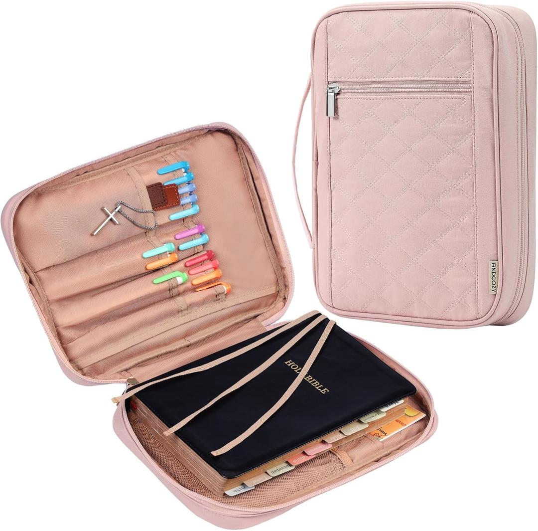 FINDCOZY Bible Cover for Women, Durable Carrying Book Case Church Bag for Biblical Accessories with Handle and Zippered Pocket, for Scriptures, Pink (Medium)