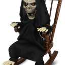 HugOutdoor Animated Halloween Decorations,Rocking Chair Skeleton Death Halloween Animatronics,Screaming Sound Glowing Red Eyes,Sound Activated,Scary Halloween Decor Outdoor Indoor
