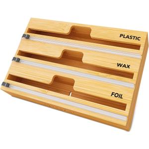 SpaceAid WrapNeat 3 in 1 Wrap Organizer with Cutter and Labels, Plastic Wrap, Aluminum Foil and Wax Bamboo Dispenser for Kitchen Storage Organization Holder for 12" Roll (Natural) (3-Slot, 3"Tall)