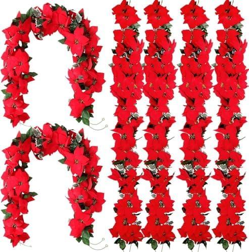 Crowye 20 Pcs Christmas Poinsettia Garland with Holly Leaves Artificial Poinsettia Flower Vines Xmas Rattan Ornament for Mantle Fireplace Table Indoor Outdoor Garland Christmas Decor
