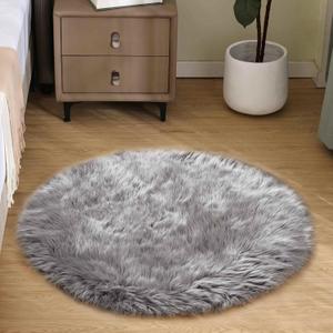 Goolela Grey Round Rug 3ft Fluffy Faux Sheepksin Fur Rug Fuzzy Gray Bedside Rugs for Bedroom Living Room Plush Soft Circle Shag Carpet