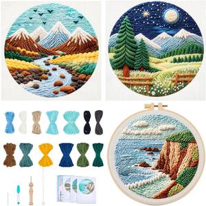 BEUNITONE 3PCS Landscape Punch Needle Kit for Adults Beginners, Complete Craft Kit Needlepoint Kits for Adults with Hoop, Punch Needle Starter Craft Set for Cloth Festival Gift and Home Decor 20X20CM