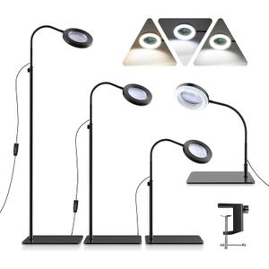 10x Magnifying Glass with Light and Stand, 72 Led Dimmable Floor Magnifying Lamp Hands Free,5-in-1 Adjustable Gooseneck Lighted Magnifier Glasses for Close Work, Reading, Sewing, Crafts