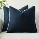 Linen-Look Pillow Covers Set of 2, Decorative Throw Pillow Covers 20 x 20 Inch, Neutral Boho Shell Seamed Cushion Soft Farmhouse Vintage Cozy Home Decor for Living Room Bedroom, Navy Blue