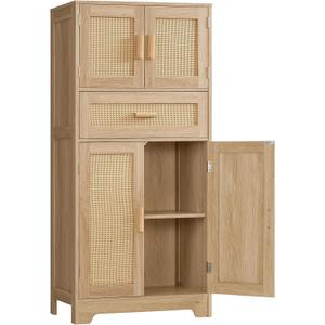 TEENFON 47.2" H Tall Storage Cabinet with Adjustable Shelf, Rattan Cabinet with Large Drawer, Cupboard for Living Room, Dining Room, Entryway, Home Office, Natural