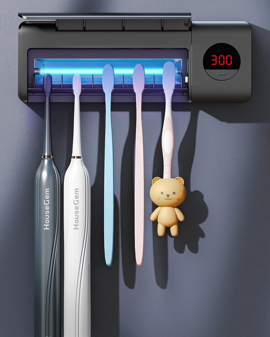 HouseGem Toothbrush Holder, Timer Function, 2000mAh Rechargeable Cordless Wall-Mounted Bathroom (Black)
