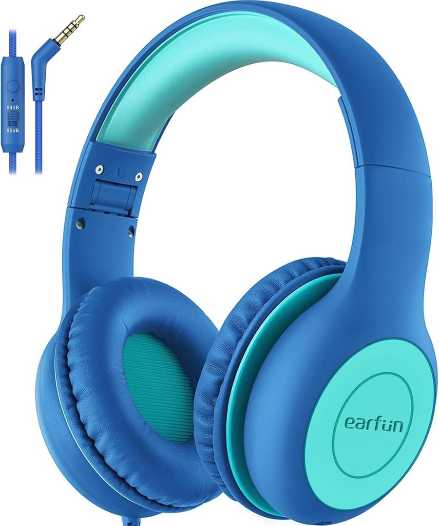 EarFun Kids Headphones Wired with Microphone, 85/94dB Volume Limit Headphones for Kids, Portable Wired Headphone with Shareport, Stereo Sound Foldable Headset for School/Tablet/iPad/Kindle Blue Green