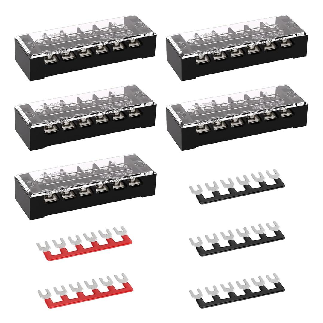 APIELE Screw Terminal Block Covered 6 Position Dual Row 25A 6 Position Pre-Insulated Terminal Barrier Strip (5PCS 25A 6P+5PCS Wiring Strips)
