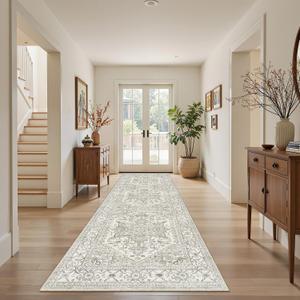 Washable 2x8 Runner Rug Vintage Area Rugs for Hallway Water Resistant Kitchen Entryway Rug Ultra Soft Living Room Bedroom Carpet Indoor Low Pile Floor Mat for Bathroom Dining Room(2x8,Beige)