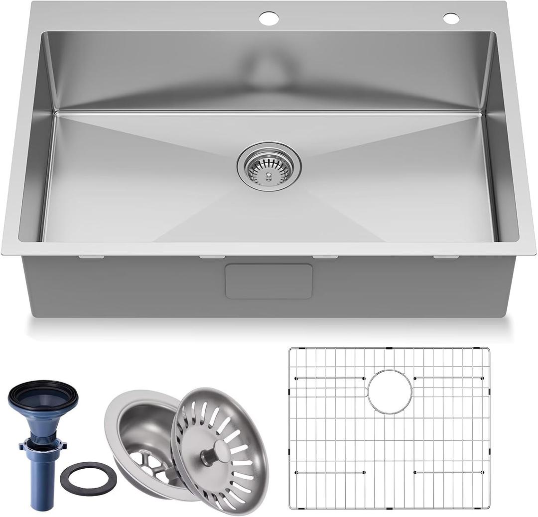 33 inch Topmount Handmade 18 Gauge Single Bowl Stainless Steel Kitchen Sink with Accessories in 33"Lx22"Wx10"D