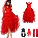 4PCS Ghost Bride Costume Women Red Gothic Wedding Dress, Large