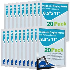 20 Pack Magnetic Sign Holder 8.5 x 11, Self-Adhesive Magnetic Picture Frame & Document Holder for Wall, Door, Fridge, Glass - Double-Sided Magnetic Frame for Poster & Paper Display (Silver)