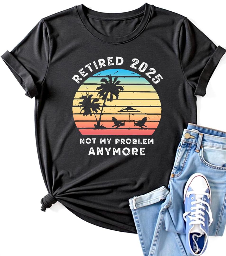 Retirement Shirts for Women 2025 Retired Graphic Retirement Gift Relaxed Retirement Vibes Tshirts-Black2, Large L