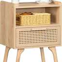Lerliuo Rattan Nightstand, Boho Side Table with Drawer Open Shelf, Cane Accent Bedside End Table with Solid Wood Legs for Bedroom, Dorm and Small Spaces (Natural)