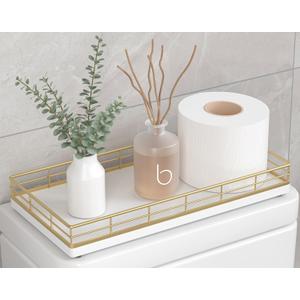 Toilet Paper Basket Organizer Oak Wood Toilet Tank Tray with Metal Frame, Bathroom Counter Top Storage for Toilet Paper, Wipes & Decor, Modern Narrow Back of Tank Shelf Organizer, Gold & White