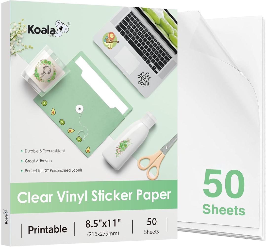 Koala 95% Clear Sticker Paper for Inkjet Printer - Waterproof Printable Vinyl Sticker Paper - 8.5x11 Inch, 50 Sheets, Transparent Glossy - Easy to Use for DIY Personalized Decals