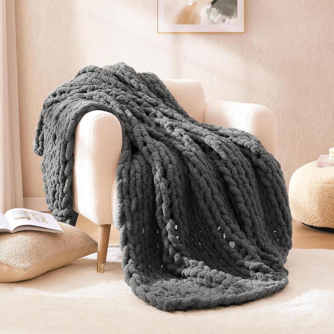 WRENSONGE Chunky Knit Blanket Throw Dark Grey Large Soft Fluffy Cable Knit Crochet Throw 100% Hand Knitted Blanket for Couch Bed(50"x60")