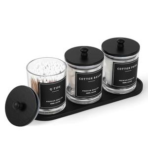 eggs sound 3 Pack Qtip Holder - Bathroom Organizers and Storage, Cotton Round Pad Holder Swab Dispenser Floss Pick Holder with Tray, Glass Apothecary Jars with Lids, Cotton Ball Container - Clear Bk