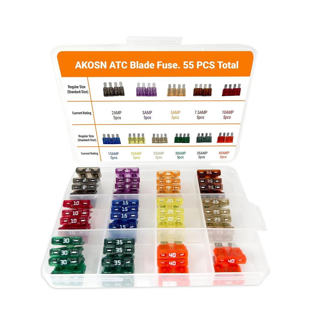 Standard ATO ATC Car Fuse Assortment Kit, 55 Pieces, RV Marin Automotive Blade Fuse, 11 Current Ratings  2A/ 3A/ 5A/ 7.5A/ 10A/ 15A/ 20A/ 25A/ 30A/ 35A/40 AMP