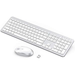 Seenda Rechargeable Wireless Keyboard Mouse Combo - Seenda Full Size Cordless Keyboard & Mouse Sets with Build-in Lithium Battery Ultra Thin Quiet Keyboard Mice - Silver and White