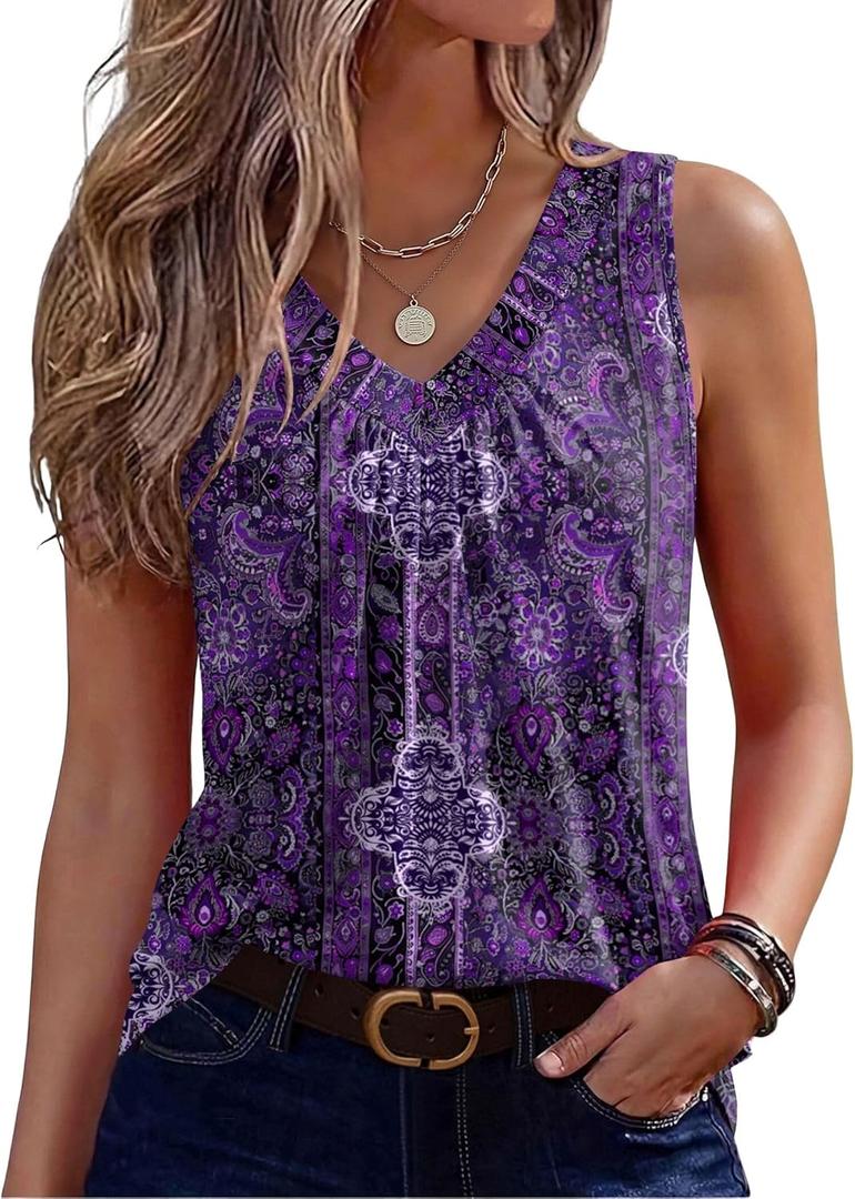 Zeagoo Womens Tank Tops Summer Sleeveless Loose Fit Tops V Neck Pleated Shirts Basic Tees Dressy Casual Trendy Clothes (L)