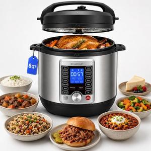 KINGBULL 14-in-1 Electric Pressure Cooker 8 Quart, Stainless Steel Multi Cooker with LCD Display and Knob Control, Slow Cooker, Rice Cooker, Steamer, Sauté, Yogurt Maker, Warmer, DIY Mode