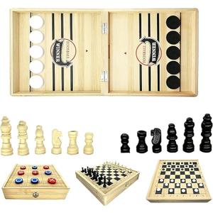 4in1 Sling Puck Game Set Super Winner Sling Puck Set, Chess, Checkers, Tic Tac Toe Games, Portable Folding Tabletop Chess Board Game for Adults and Kids