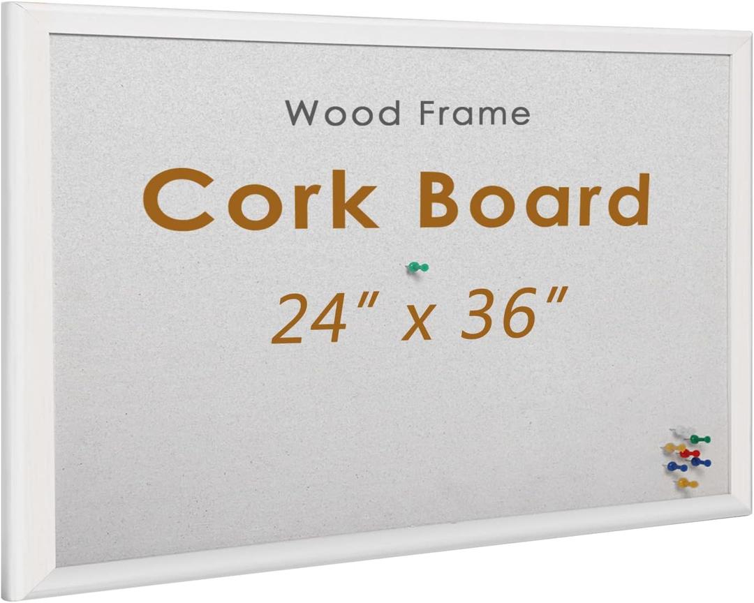 INNOVART White Cork Bulletin Board 36" X 24" with 10 Push Pins, Corkboard with White Wood Frame, Cork Notice Board Message Board, Framed Pin Board for Home, Office, School