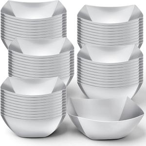Tanlade 50 Pcs Square Plastic Serving Bowls Disposable Snack Salad Bowl Small Party Candy Bar Containers Taco Bar Serving Dishes for Buffet Chips Fruit (8 oz,Silver)