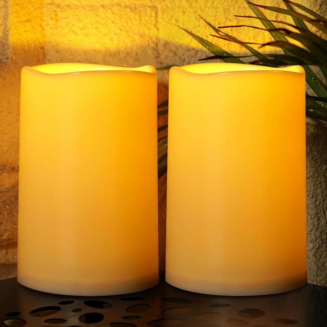Homemory 6" x 9" Extra Large Outdoor Waterproof Candle with Auto 6-Hour Timer, Ivory Plastic Made, Long Last for Half A Year, Set of 2