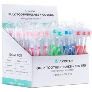 104 Pack Bulk Toothbrushes w/ Cover Caps, Individually Wrapped Disposable Travel Toothbrush, Value Size, Long Lasting 3+ Months, Med-Soft Manual Teeth Brush Bristles, 4 Colors (Red Green Blue Pink) (Mix)