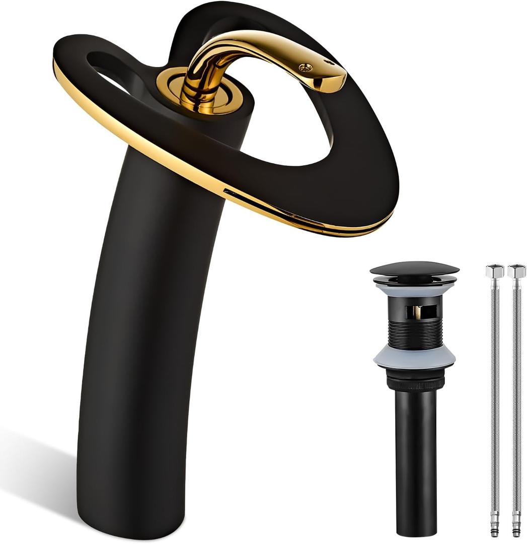 Black Gold Vessel Sink Tall High Brushed Brass Unique Modern Single Handle 2 Tone Luxury Tall Unique Bathroom Faucets, Vanity Taps with Pop up Drain for RV Bar Laundry