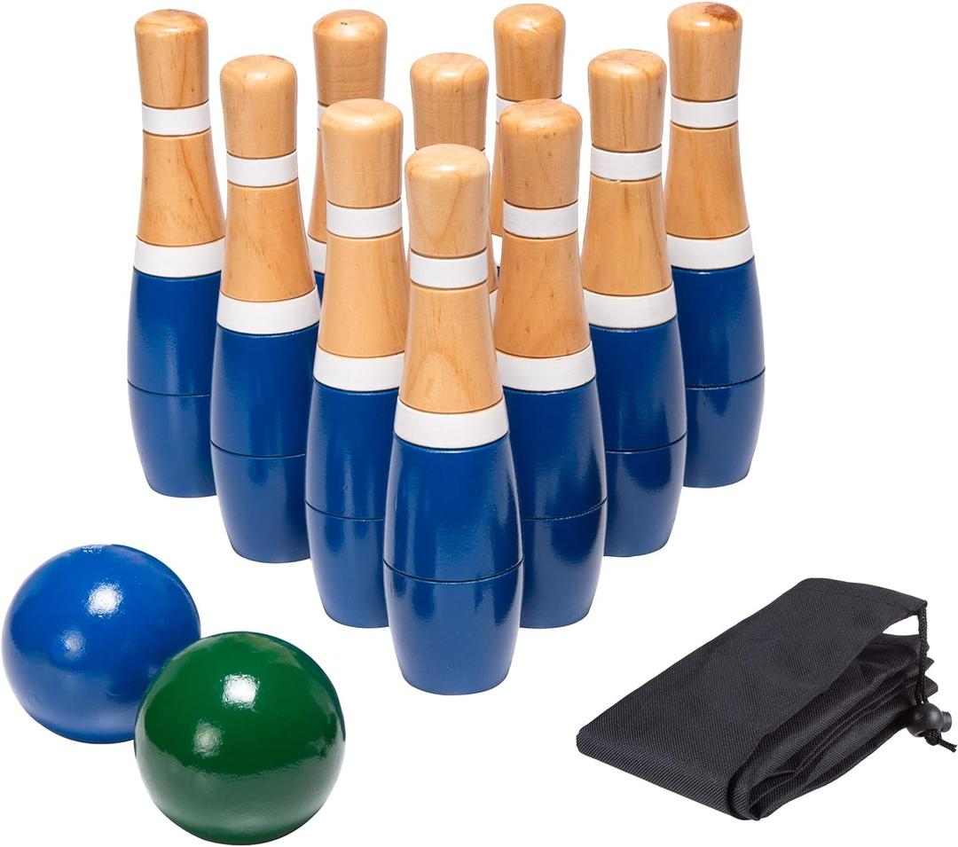 HEY! PLAY! 13-Piece Wood Bowling Set - Indoor/Outdoor Bowling Game for Adults and Kids Ages 3 and Up - 10 Wood Pins, 2 Balls, and Carrying Bag (Blue)