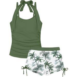Girls Swimsuit 2 Piece Halterneck Girls Tankini Swimsuit Drawstring Printed Swim Shorts Girl Bathing Suit for 7-16T (7-8 Years, Green)