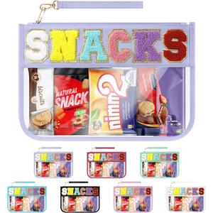 Snack Bag for Travel & Makeup - Clear Chenille Letter Zipper Pouch, Waterproof Cosmetic Tote Bag for Women & Girls (Purple)