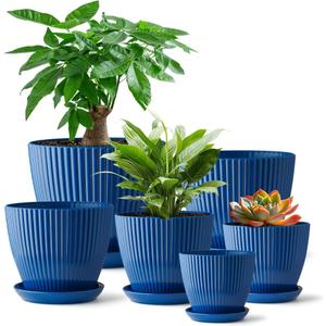 RooTrimmer 7.5/6.5/5.5/4.9/4.2/3.5 Inch Plant Pots with Saucers & Drain Holes - Indoor/Outdoor Flower Pots for Succulents, Herbs, Cactus - Modern Lightweight Durable Planter Set, Blue